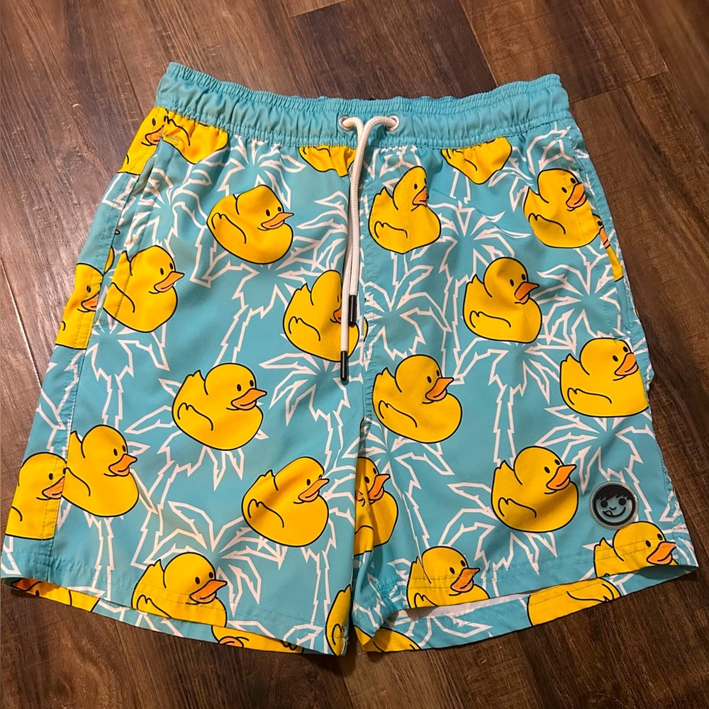 Neff Swim Trunks Shorts Mens Medium Blue Yellow Duck Print Drawstring Pool Beach